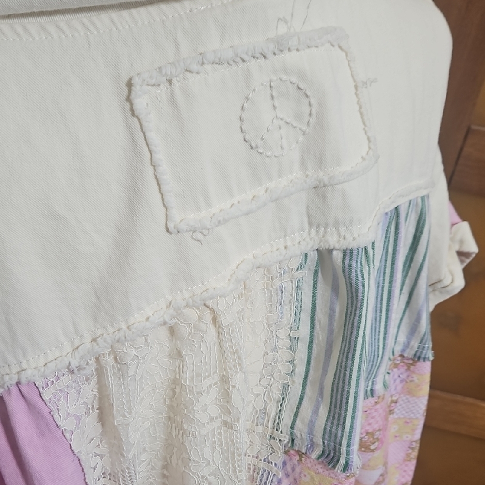 Boho Cottagecore Patchwork Button Down Distressed Oversized Hooded Shirt - Picture 13 of 16